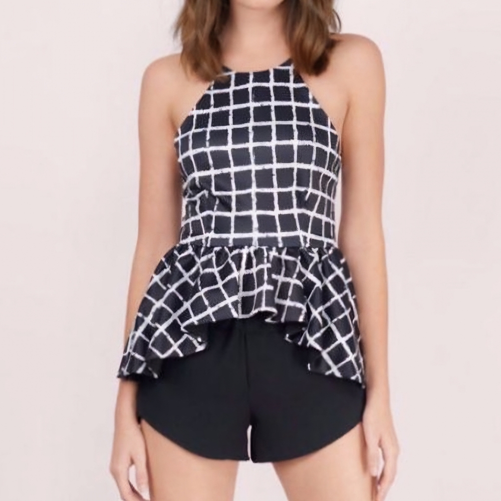 Black and White Checkard Peplum Backless Top